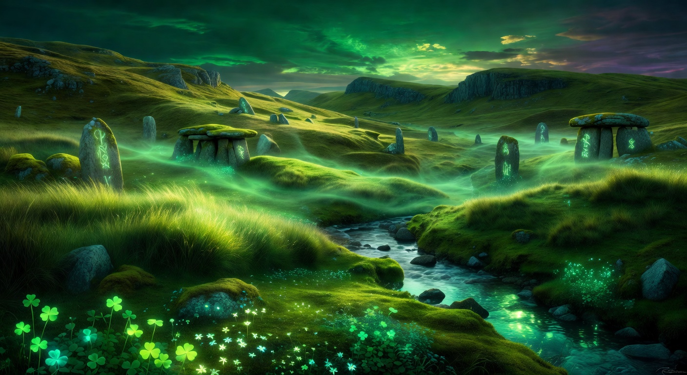Magical glowing Irish landscape with emerald green tones