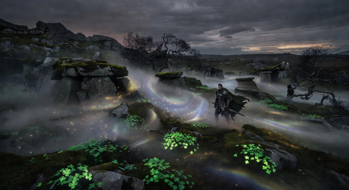 Dark fantasy Irish environment with glowing clovers, subtle rainbow lighting accents, and magical mist